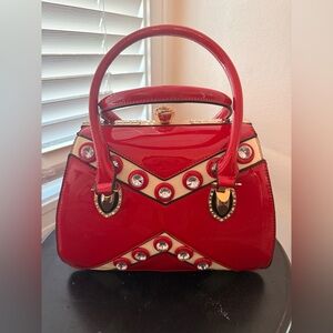 Vintage Style Red Patent Leather Top Handle Satchel w/ Rhinestone Studs